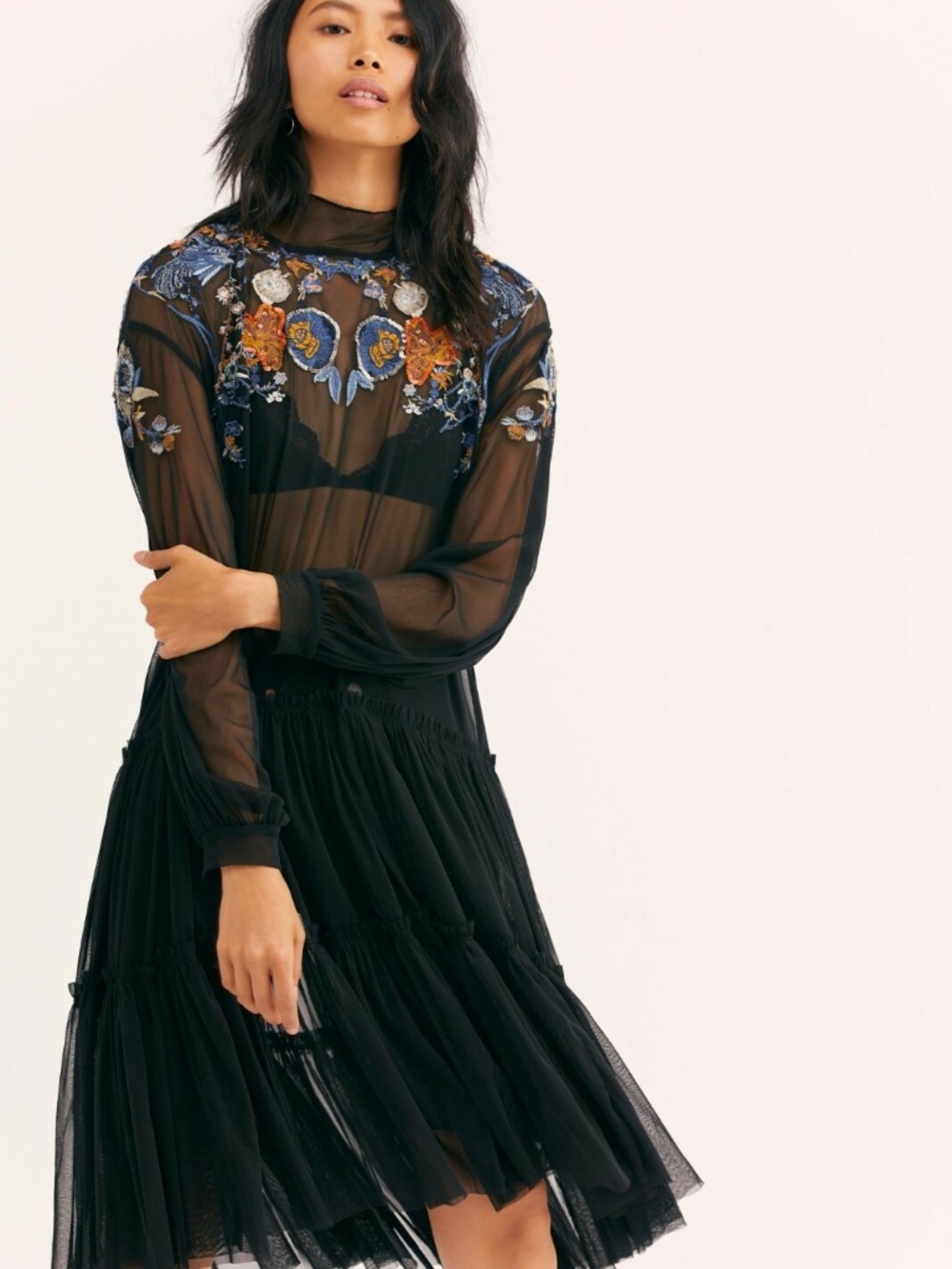 Free People Sheer Delight Floral Maxi Sequin Top / Dress, Black, Medium